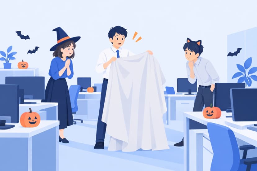ハロウィンの飾りのあるオフィスで、情シスの社員が大きな白い布を広げて何かを隠し、魔女の帽子と猫の耳を付けた同僚2人がのぞき込んでいる(イラスト)