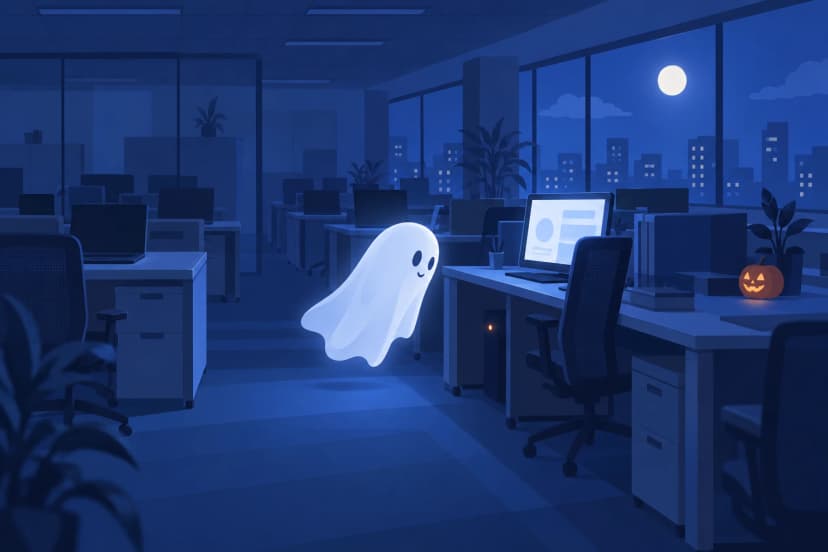 月明かりの差す夜の誰もいないオフィスで、白いおばけが、ぼんやり光るモニターと机の下の小さなランプのそばに浮かんでいる(イラスト)