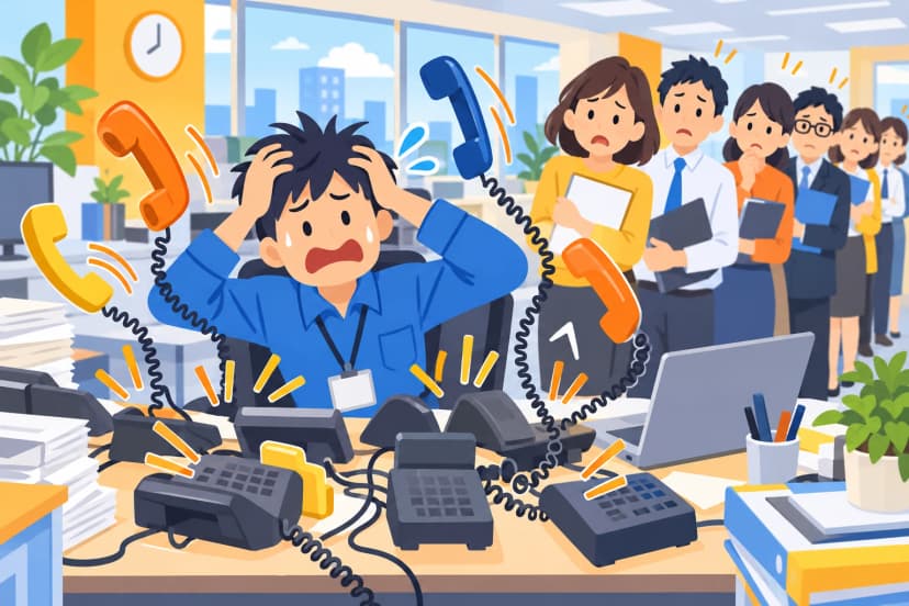机の上の電話がいっせいに鳴り、頭を抱える担当者の前に社員たちが列を作っているイラスト