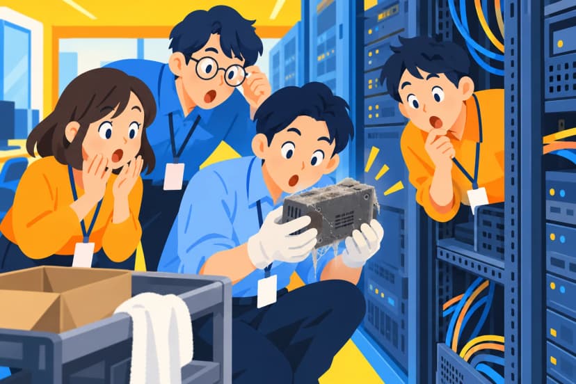 サーバーラックの奥から、ほこりをかぶった小さな機器を取り出した社員と、驚いてのぞき込む同僚たち(イラスト)
