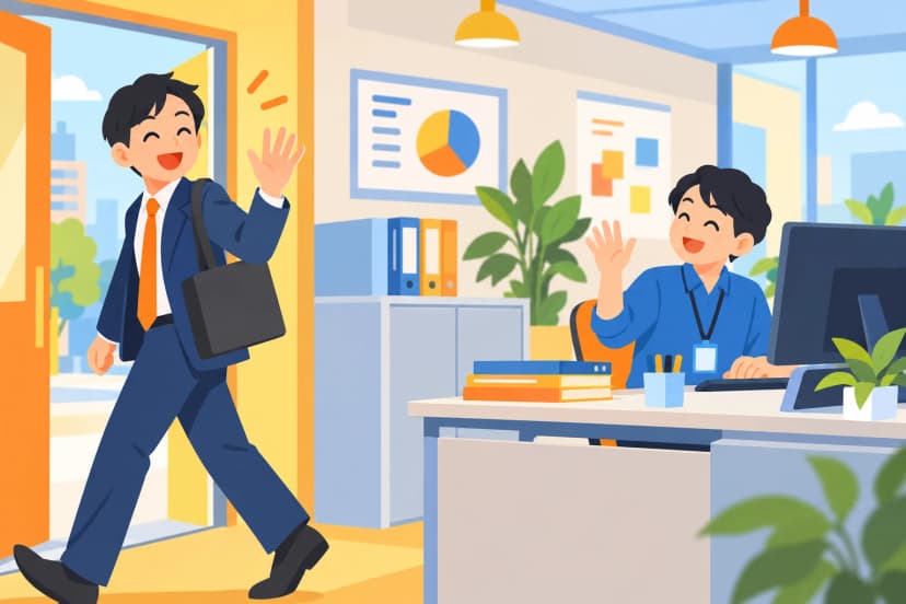 情シスの席から、かばんを肩にかけて笑顔で手を振りながら帰っていく会社員と、席で手を振って見送る情シスの人(イラスト)