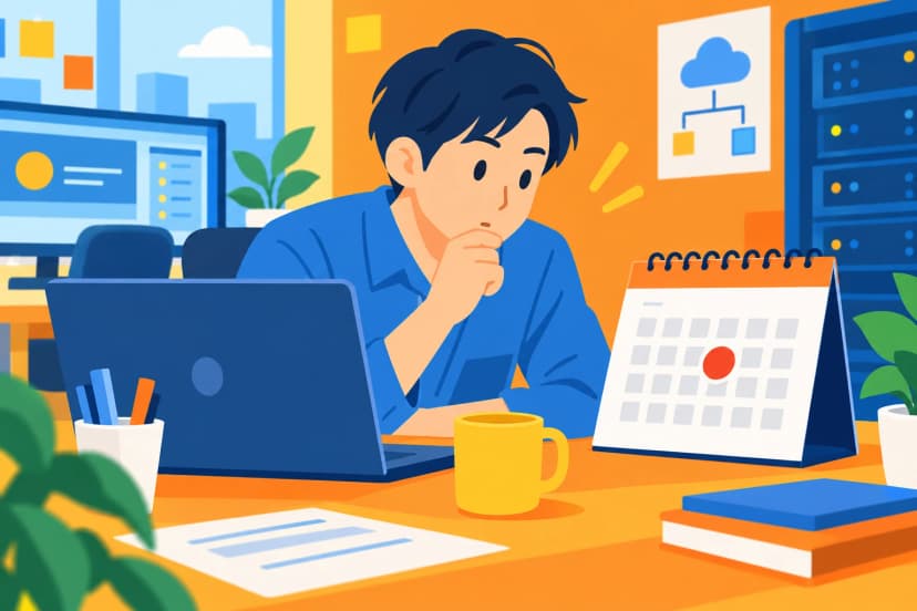 情シスの机の上の卓上カレンダーに赤い丸がひとつ付いていて、ノートPCの前の情シスの人が、あごに手を当ててそれを見つめている(イラスト)