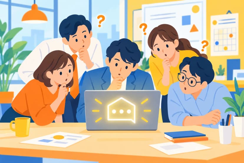 ノートPCの画面に光る吹き出しの形を、5人の社員がのぞき込み、頭の上に疑問符を浮かべて首をかしげている(イラスト)