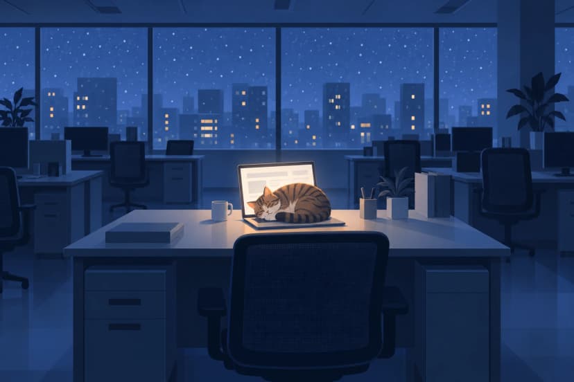 雪の降る夜、照明の消えた誰もいないオフィスで、開いたままのノートPCのキーボードの上に、しま模様の猫が丸くなって眠っている(イラスト)