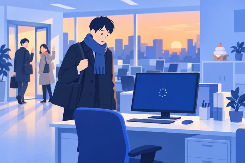 夕方のオフィスで、コートとマフラー姿でかばんを肩にかけた社員が、点の輪が回る青い画面のモニターの横で困った顔をしている。後ろでは同僚2人が手を振って帰っていき、棚の上に鏡餅がある(イラスト)