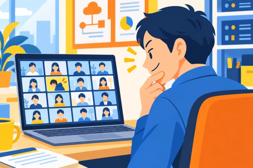 ノートPCに並んだリモート会議の参加者の画面を見ながら、あごに手を当ててにやりとする情シスの人(イラスト)