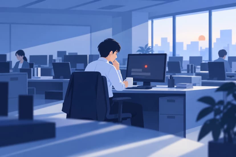 朝日が差すオフィスで、白いシャツの社員がマグカップを手に、赤い点が光るモニターを見つめている(イラスト)