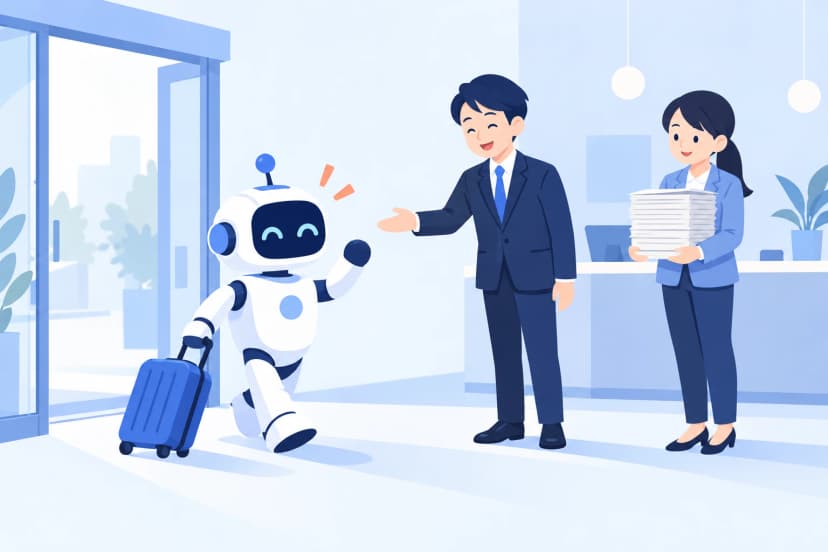明るいオフィスの入り口に、スーツケースを引いた白いロボットが手を振って入ってきて、スーツの男性と書類の束を抱えた女性が笑顔で迎えている(イラスト)