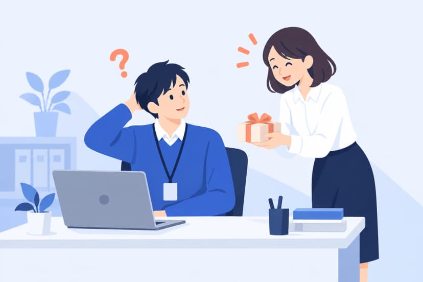 机でノートPCに向かう社員が頭をかいて首をかしげ、隣の社員がリボンの付いた小箱を笑顔で差し出している(イラスト)