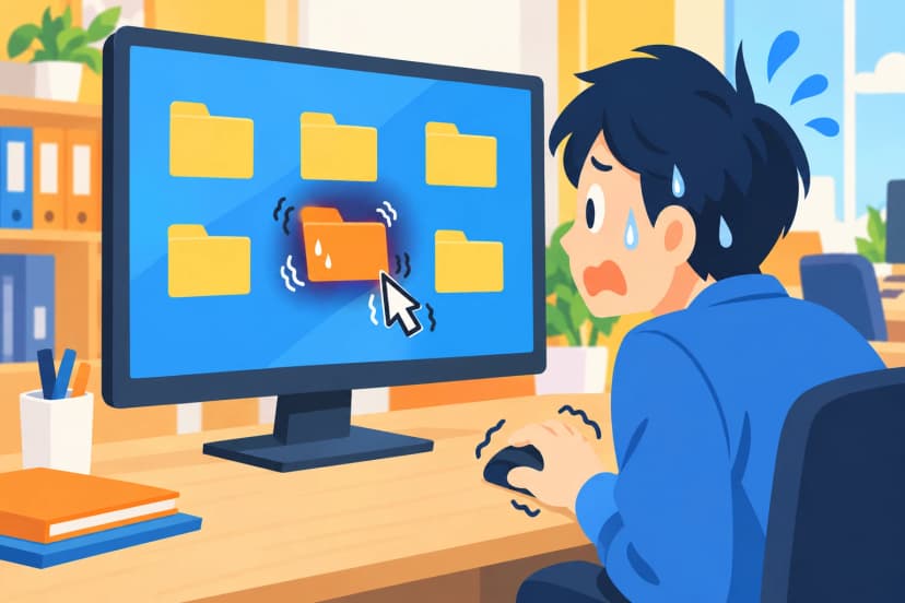 情シスの担当者が、パソコンのデスクトップに並ぶフォルダの中の、ひときわ怪しいフォルダにカーソルを当て、冷や汗をかいてためらっている場面のイラスト