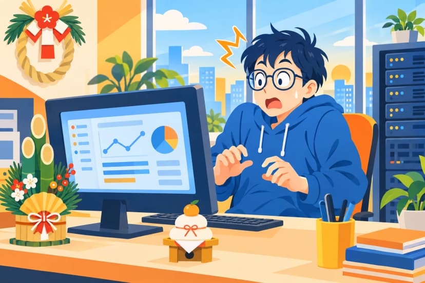 年の瀬の飾りが置かれた事務所の机で、サーバーの棚の横に座る情シスの人が、驚いて身をすくめている(イラスト)