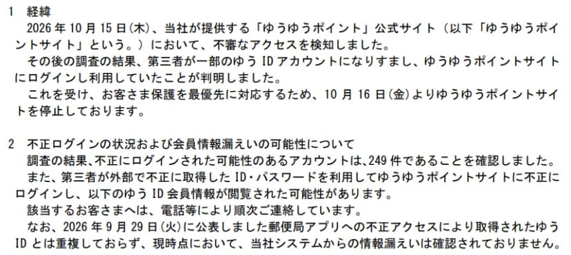 日本郵政の公表の資料の一部。1 経緯として、2026年10月15日(木)に、ゆうゆうポイントの公式サイトで不審なアクセスを検知し、その後の調査で、第三者が一部のゆうIDアカウントになりすましてゆうゆうポイントサイトにログインし利用していたことが分かり、10月16日(金)からゆうゆうポイントサイトを停止していること。2 不正ログインの状況および会員情報漏えいの可能性として、不正にログインされた可能性のあるアカウントは249件で、第三者が外部で不正に取得したIDとパスワードでログインし、ゆうIDの会員情報が閲覧された可能性があること、該当する客には電話などで順次連絡していること、9月29日に公表した郵便局アプリへの不正アクセスで取得されたゆうIDとは重複しておらず、同社システムからの情報漏えいは確認されていないこと、が書かれている