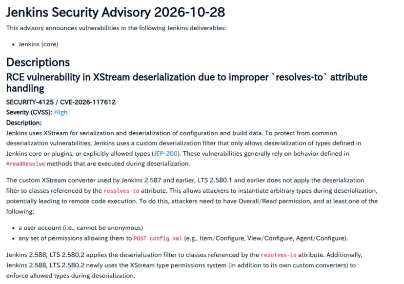 Jenkins Security Advisory 2026-10-28のページの冒頭。対象はJenkins本体で、1件目のSECURITY-4125（CVE-2026-117612・High）は、XStreamの逆シリアル化の制限がresolves-to属性に効かず、Overall/Readとログインがあれば任意の型を作れてリモートでコード実行のおそれがあると説明している