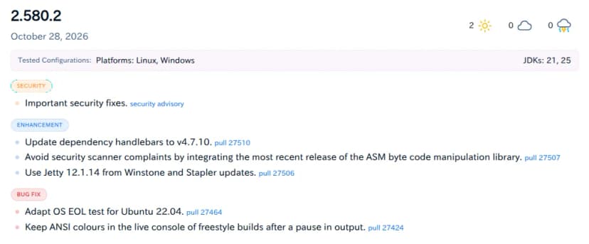 JenkinsのLTSの変更履歴の2.580.2の項。2026年10月28日公開、動作を確認した構成はLinuxとWindows、JDKは21と25。セキュリティの修正のほか、handlebarsの4.7.10への更新、ASMの最新版の取り込み、Jetty 12.1.14への更新などが並ぶ