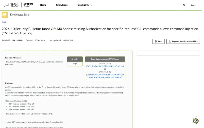 JuniperのサポートポータルのKnowledge Baseの画面。タイトルは『2026-10 Security Bulletin: Junos OS: MX Series: Missing Authorization for specific request CLI commands allows command injection (CVE-2026-102079)』。深刻度High、CVSS v3.1で7.8・v4.0で8.5、Junos OSのCLIのコマンドインジェクションでローカルの低権限の攻撃者がroot権限で機器を完全に制御できること、Junos OS 24.4・25.2・25.4の一部が影響を受けることが記載されている