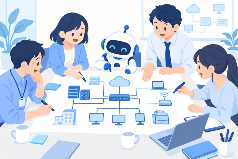 情シスと他部署と AI で、会社の IT の地図を一緒に描く(イラスト)