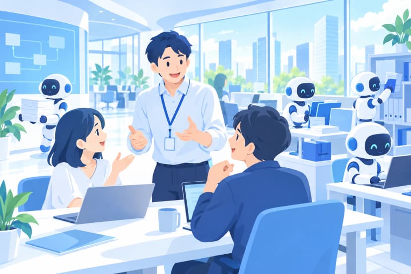 細かい作業は AI に任せ、情シスは社員と話す(イラスト)