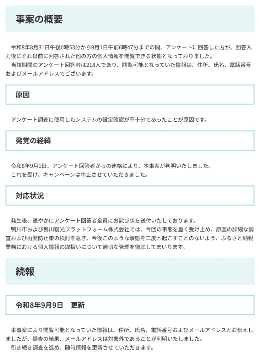 鴨川市の発表の「事案の概要」から「続報」の部分。令和8年8月31日午後0時53分から9月1日午前6時47分までの間、アンケートに回答した方が回答入力後にそれ以前の他の方の個人情報を閲覧でき、回答者は218人で閲覧可能な情報は住所・氏名・電話番号およびメールアドレスと書かれている。原因はアンケート調査に使用したシステムの設定確認が不十分だったこと。9月1日に回答者からの連絡で判明しキャンペーンは中止、回答者全員にお詫び状を送付。9月9日の続報で、メールアドレスは対象外と判明したと書かれている