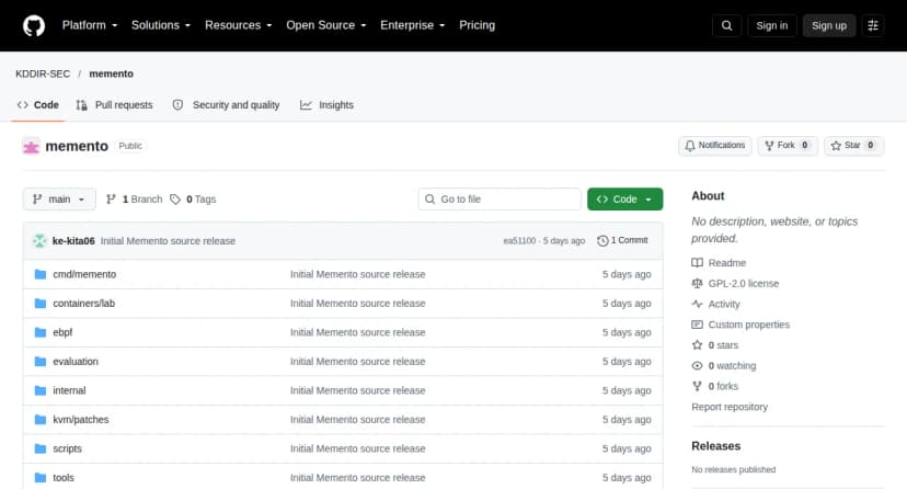 GitHubのリポジトリKDDIR-SEC/mementoのページ。cmd/memento、containers/lab、ebpf、evaluation、internal、kvm/patches、scripts、toolsのフォルダが並び、右側のAboutにGPL-2.0 license、Releasesに「No releases published」と表示されている