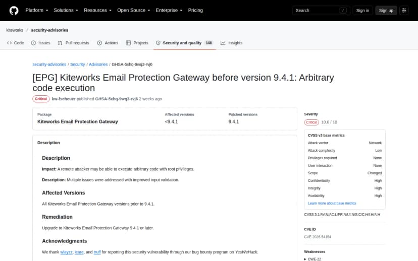 GitHubのkiteworks/security-advisoriesにあるEPGのアドバイザリ。深刻度はCritical、CVSS 10.0。対象は9.4.1より前、修正版は9.4.1で、CVE-2026-54154と表示されている