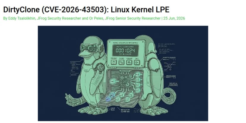 JFrog Security Researchのページ。DirtyClone (CVE-2026-43503): Linux Kernel LPEの題と、筆者名、2026年6月25日の日付、記事の挿絵が表示されている