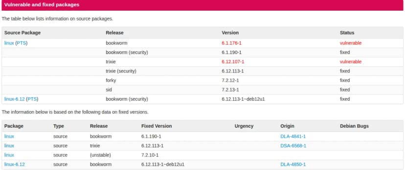 DebianのSecurity TrackerのCVE-2026-98432。linuxのソースパッケージで、bookwormの6.1.176-1とtrixieの6.12.107-1はvulnerable、bookworm（security）の6.1.190-1、trixie（security）の6.12.113-1、forkyの7.2.12-1、sidの7.2.13-1はfixed。修正の元はDLA-4841-1、DSA-6568-1、DLA-4850-1