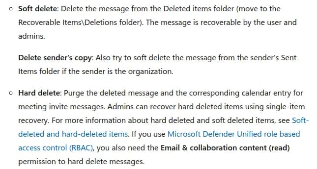 Microsoft Learnの画面。Soft deleteは削除済みのフォルダーから回復できる場所へ移す、Delete sender's copyは組織の送信者の送信済みからも消す、Hard deleteは消したメッセージと会議の招待のメッセージに対応する予定を完全に消し、管理者は単一アイテムの回復で戻せる、という英語の説明