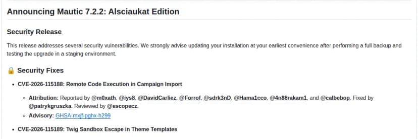 GitHubのMautic 7.2.2のリリースのページ。セキュリティリリースの案内と、最初の修正としてCVE-2026-115188のキャンペーンのインポートでのコード実行、続けてCVE-2026-115189のTwigサンドボックス回避が並ぶ