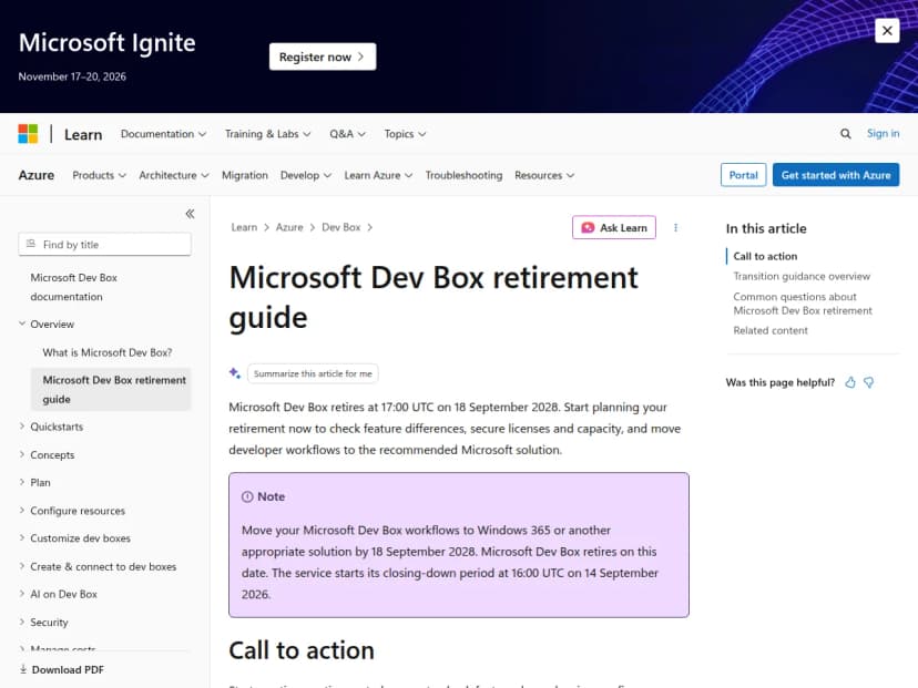 Microsoft LearnのMicrosoft Dev Box retirement guideのページ。2028年9月18日17:00 UTCに提供終了と、2026年9月14日16:00 UTCに閉鎖期間が始まることを示す囲みがある