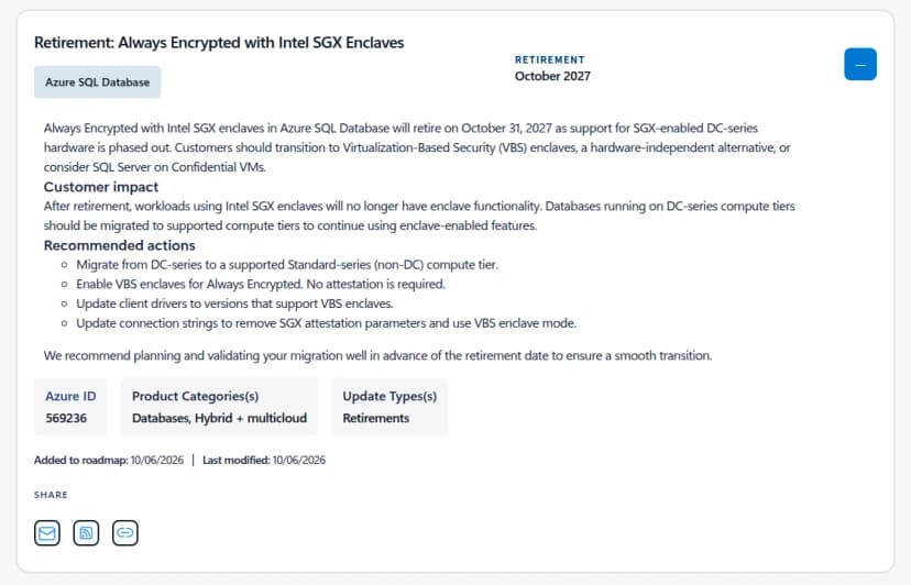 Azure Updatesの Retirement: Always Encrypted with Intel SGX Enclaves のページ。Azure SQL Database、2027年10月の終了、DC-seriesからStandard-seriesへ移す推奨手順の一覧がある