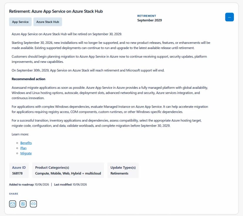 Azure Updatesの Retirement: Azure App Service on Azure Stack Hub のページ。2029年9月30日の終了、2026年9月30日からの新規導入の停止、推奨の対応の文がある