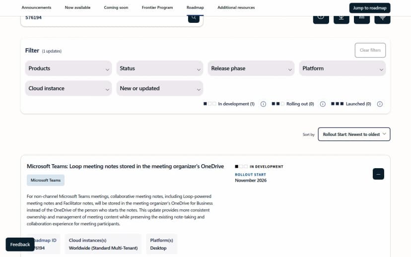 Microsoft 365ロードマップの項目の画面。見出しは「Microsoft Teams: Loop meeting notes stored in the meeting organizer's OneDrive」、状態はIn development、Rollout startはNovember 2026。説明文に、チャネル以外のTeams会議で、Loopベースの会議メモやファシリテーターのメモが、メモを始めた人ではなく会議の主催者のOneDrive for Businessに保存されるようになると書かれている。Roadmap ID 576194、Cloud instances Worldwide、Platform Desktop