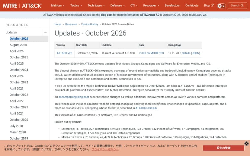 MITRE ATT&CKのサイトの「Updates - October 2026」の画面。ATT&CK v20のリリースノートで、企業向けの技術に、AIを使ったデータ持ち出し(T1700)、直接プロンプトインジェクション(T1699)、間接プロンプトインジェクション(T1698)、AI結果の汚染(T1608.007)などが追加されたことが記載されている