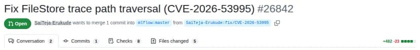 GitHubのmlflow/mlflowのプルリクエストの画面。題はFix FileStore trace path traversal (CVE-2026-53995) #26842。緑のOpenの表示と、mlflow:masterへ1件のコミットを取り込むよう求めている状態が表示されている