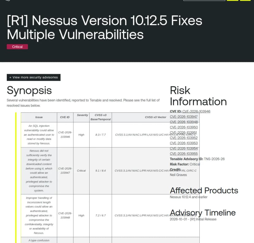 Tenableのセキュリティ告知TNS-2026-26のページ。題はNessus Version 10.12.5 Fixes Multiple Vulnerabilities、深刻度Critical。CVE-2026-103946から103948までの内容と深刻度の表、右にCVEの一覧、影響を受ける製品はNessus 10.12.4 and earlier、公開日2026-10-01