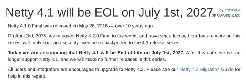Netty公式の告知。4.1は2027年7月1日にEnd-of-Lifeとなり、以後サポートも新しいリリースもなくなること、4.2への移行を勧めることが英語で書かれている