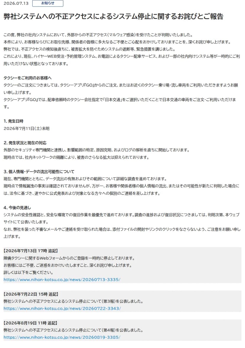 日本交通のお知らせのページ。日付は2026年7月13日、題は弊社システムへの不正アクセスによるシステム停止に関するお詫びとご報告。社内システムが外部からの不正アクセス(マルウェア感染)を受けたこと、検知後直ちにシステムの遮断などの緊急措置を講じたこと、ハイヤーWEB受注・予約管理システム、お電話によるタクシー配車サービス、一部の社内向けシステムが一時的に使えない状態であることが書かれている。タクシーを使う人へは、タクシーアプリGOからの注文か、近くのタクシー乗り場・流し車両の利用を求め、GOでタクシー会社に日本交通を選べば日本交通の車両を注文できるとある。発生日時は2026年7月11日(土)未明。外部のセキュリティ専門機関と連携して調査を始めたこと、情報漏洩の事実は現時点で確認されていないこと、弊社を装った不審なメールへの注意も書かれている。下に7月13日17時、7月22日15時、8月19日11時の追記が並ぶ