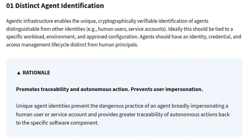 NISTのブログの一部。01 Distinct Agent Identificationの見出しの下に、エージェントの基盤は、人の利用者やサービスアカウントなどほかのIDと区別でき、暗号で検証できる一意の識別を可能にすること、理想的には特定のワークロード、環境、承認済みの設定に結びつけること、エージェントは人とは別のID、認証情報、アクセス管理のライフサイクルを持つべきことが書かれ、RATIONALEの囲みに、追跡可能性と自律的な動作を促し、利用者へのなりすましを防ぐ、一意のIDがあれば、エージェントが人やサービスアカウントに広くなりすます危険な慣行を防ぎ、自律的な操作を特定のソフトウェアの部品までたどれる、とある