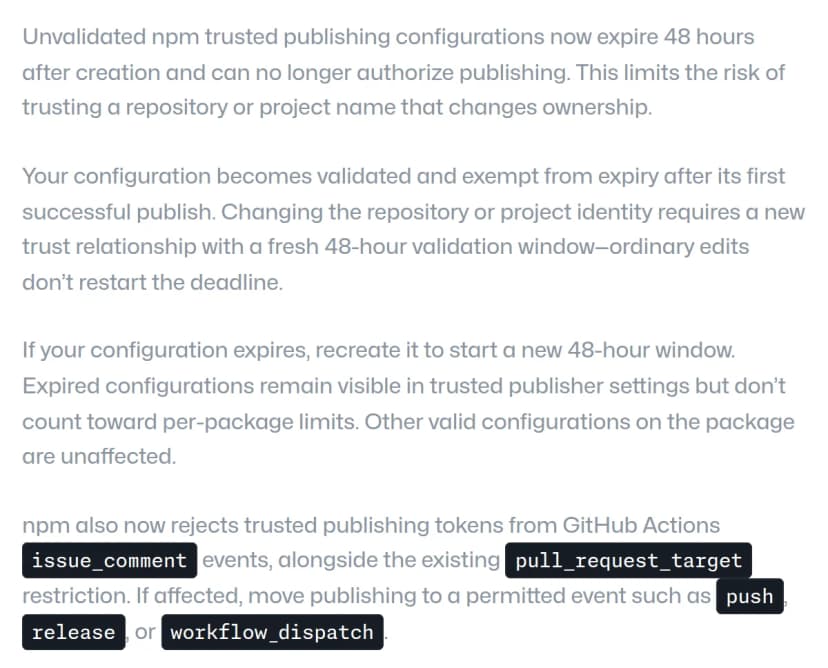 GitHub Changelogの本文。検証されていないTrusted Publishingの設定が作成から48時間で期限切れになること、最初の公開で検証済みになること、issue_commentイベントのトークンを拒否することが英語で書かれている