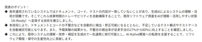 NTTのニュースリリースの発表のポイント。長く運用されているシステムではドキュメント、コード、テストの内容が一致しないことがあり、生成AIによる理解と活用が難しい。成果物の間のトレーサビリティを自動で作り、既存のソフトウェア資産をAIが理解しやすい状態に変える技術を確立した。ドキュメントとコードの不整合を自動で検出・修正し、不足するテストの観点やケースを自動で補う。予備実験で不整合の検出率が従来の27%から80%に上がった。既存システムの理解・改修・検証を生成AIで通しで行えるようにする。