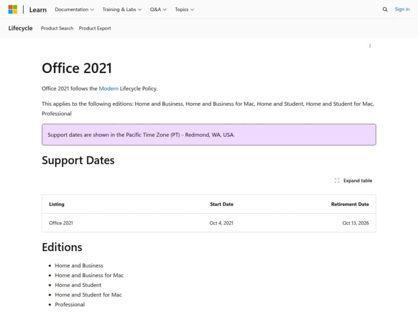 Microsoft Learnのライフサイクルのページ。Office 2021の開始日2021年10月4日、終了日2026年10月13日、対象の版が並ぶ