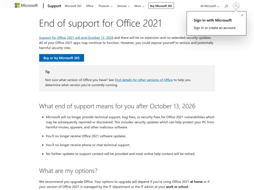 Microsoftサポートのページ。Office 2021のサポートは2026年10月13日に終了し、延長もないと書かれ、終了後に受けられなくなる内容が箇条書きで並ぶ