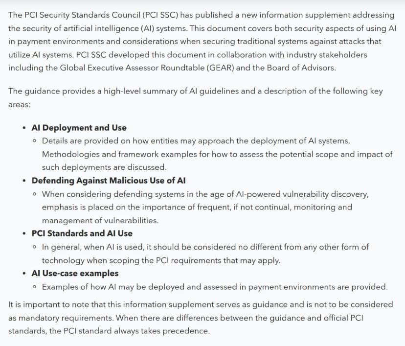PCI SSC公式ブログの本文(英語)。AI Deployment and Use、Defending Against Malicious Use of AI、PCI Standards and AI Use、AI Use-case examplesの4つの領域の説明と、この手引きはガイダンスで必須の要件ではなく、公式の基準が常に優先されるという注記
