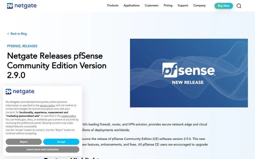 Netgate公式ブログの記事。見出しはNetgate Releases pfSense Community Edition Version 2.9.0で、pfSenseのNEW RELEASEのバナー画像が添えられている