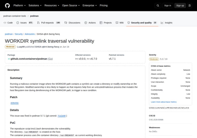 GitHubのPodmanのセキュリティアドバイザリーGHSA-q6r4-3wmg-fwcqの画面。題は『WORKDIR symlink traversal vulnerability』で深刻度はModerate。影響する版はv3.0.0以上v5.7.0以下で、直る版はv5.7.1。説明には、WORKDIRの道筋にシンボリックリンクを持つ悪意あるイメージを動かすと、ホストのファイルシステムにディレクトリを作ったり持ち主を変えたりでき、持ち主の変更は競合を起こす別のプロセスの助けが要るため起きにくいこと、5.7.1で修正したこと、再現の手順があることが書かれている。右側にCVSS 5.3の内訳とCVE-2026-55686
