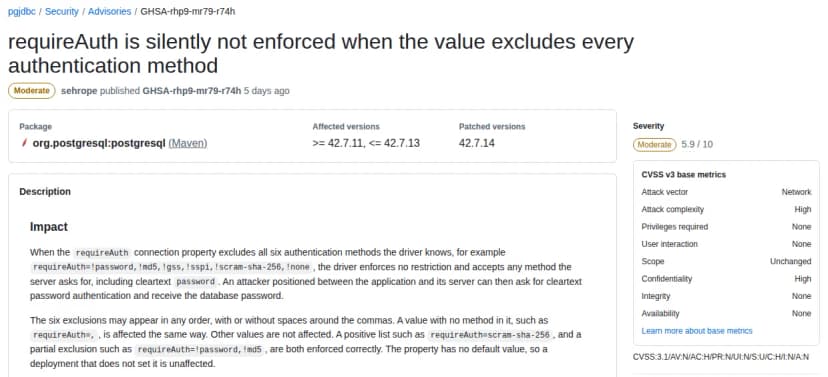 GitHubのアドバイザリGHSA-rhp9-mr79-r74h。題は requireAuth is silently not enforced when the value excludes every authentication method、深刻度Moderate 5.9、パッケージ org.postgresql:postgresql、影響する版は42.7.11から42.7.13、修正版は42.7.14、CVE-2026-107314