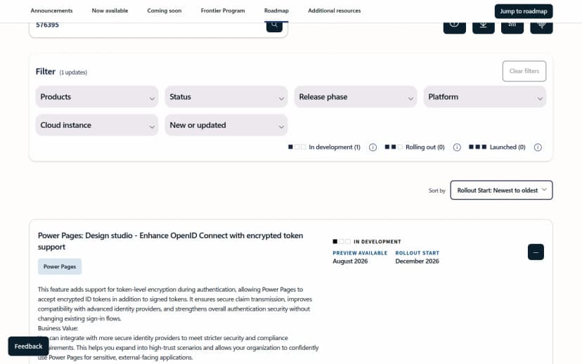 Microsoft 365ロードマップの項目の画面。見出しは「Power Pages: Design studio - Enhance OpenID Connect with encrypted token support」、状態はIn development、Preview availableはAugust 2026、Rollout startはDecember 2026。説明文に、認証時のトークン単位の暗号化に対応し、署名付きに加えて暗号化されたIDトークンを受け付け、クレームの安全な伝送と認証の強化を既存のサインインの流れを変えずに行うと書かれている。製品はPower Pages