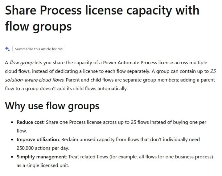 Microsoft LearnのShare Process license capacity with flow groupsのページ。フローグループで、Processライセンスの容量を最大25本のソリューション内のクラウドフローで共有できるという説明