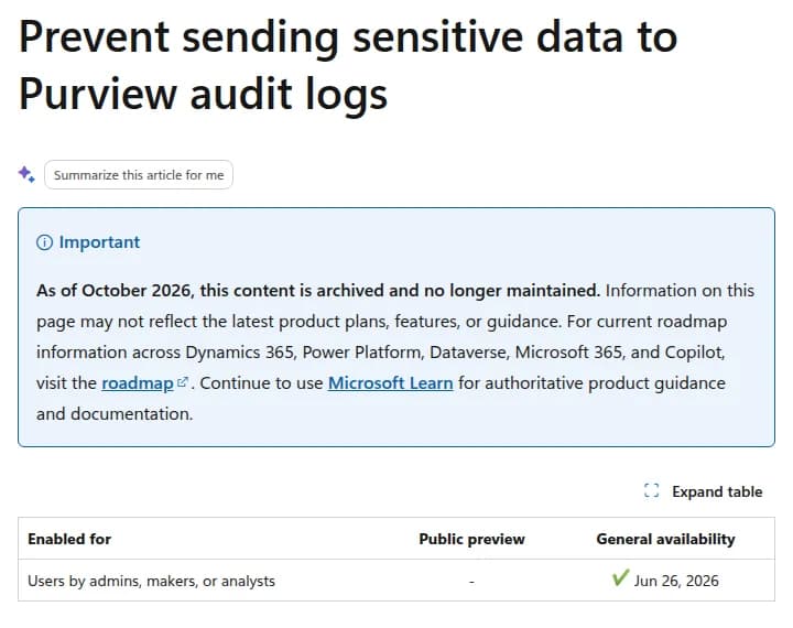 Microsoft Learnのリリース計画のページ。Prevent sending sensitive data to Purview audit logsの題と、2026年10月にアーカイブされたとの注意書き、一般提供が2026年6月26日と書かれた表