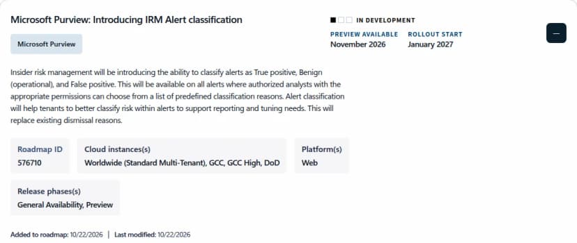 Microsoft 365 ロードマップの項目。題はMicrosoft Purview: Introducing IRM Alert classification。状況はIN DEVELOPMENTで、プレビューは2026年11月、提供の開始は2027年1月。本文は、内部リスクの管理で警告をTrue positive、Benign(operational)、False positiveに分類できるようになり、適切な権限を持つ分析の担当者が決められた理由の一覧から選ぶこと、報告と調整に役立ち、いまの却下の理由を置き換えることを説明している。対象のクラウドは一般の世界向け、GCC、GCC High、DoD。